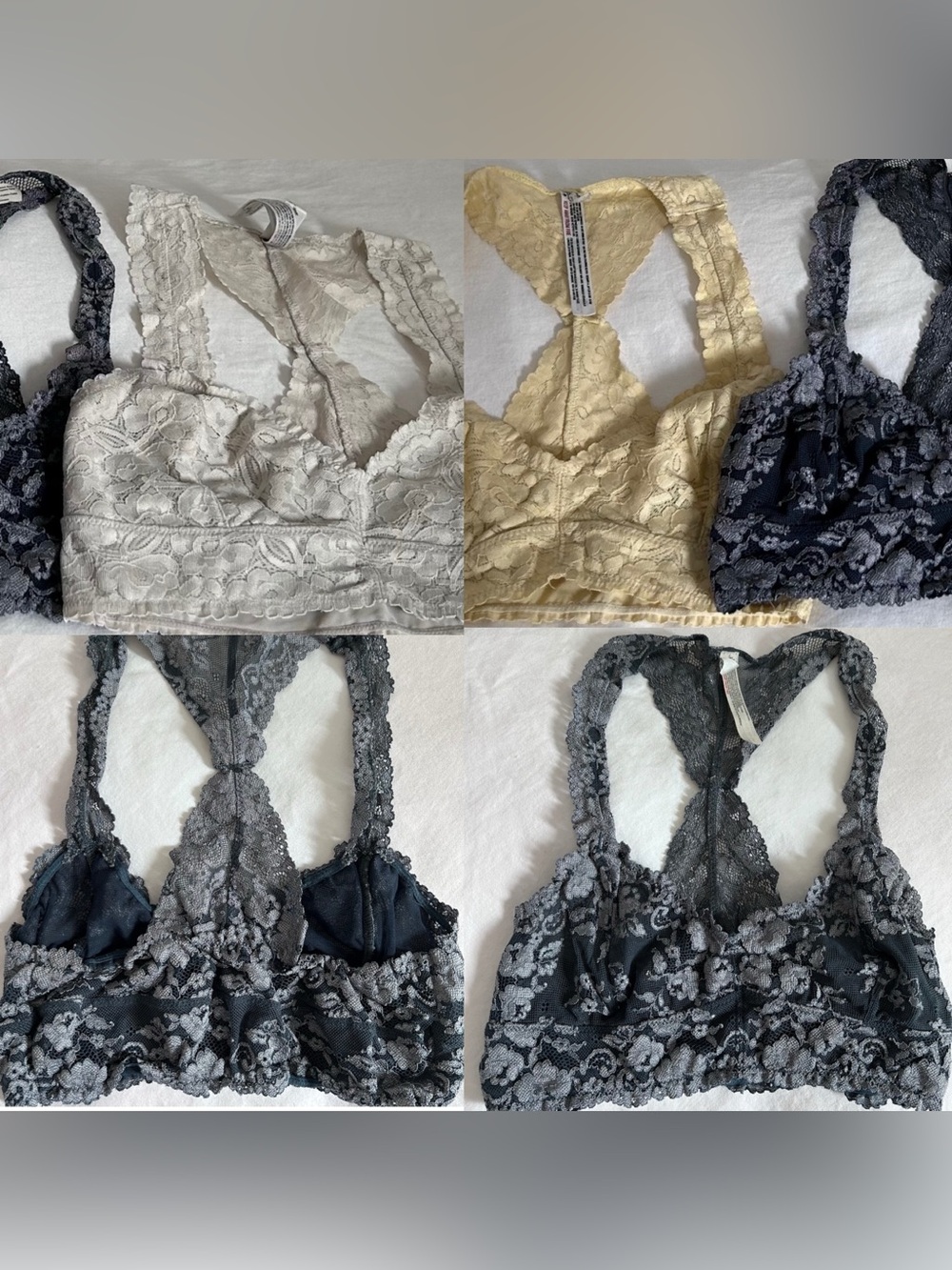 THREE Free People Lace Bralettes GRAY, LIGHT YELLOW & WHITE size Small LOT BOHO